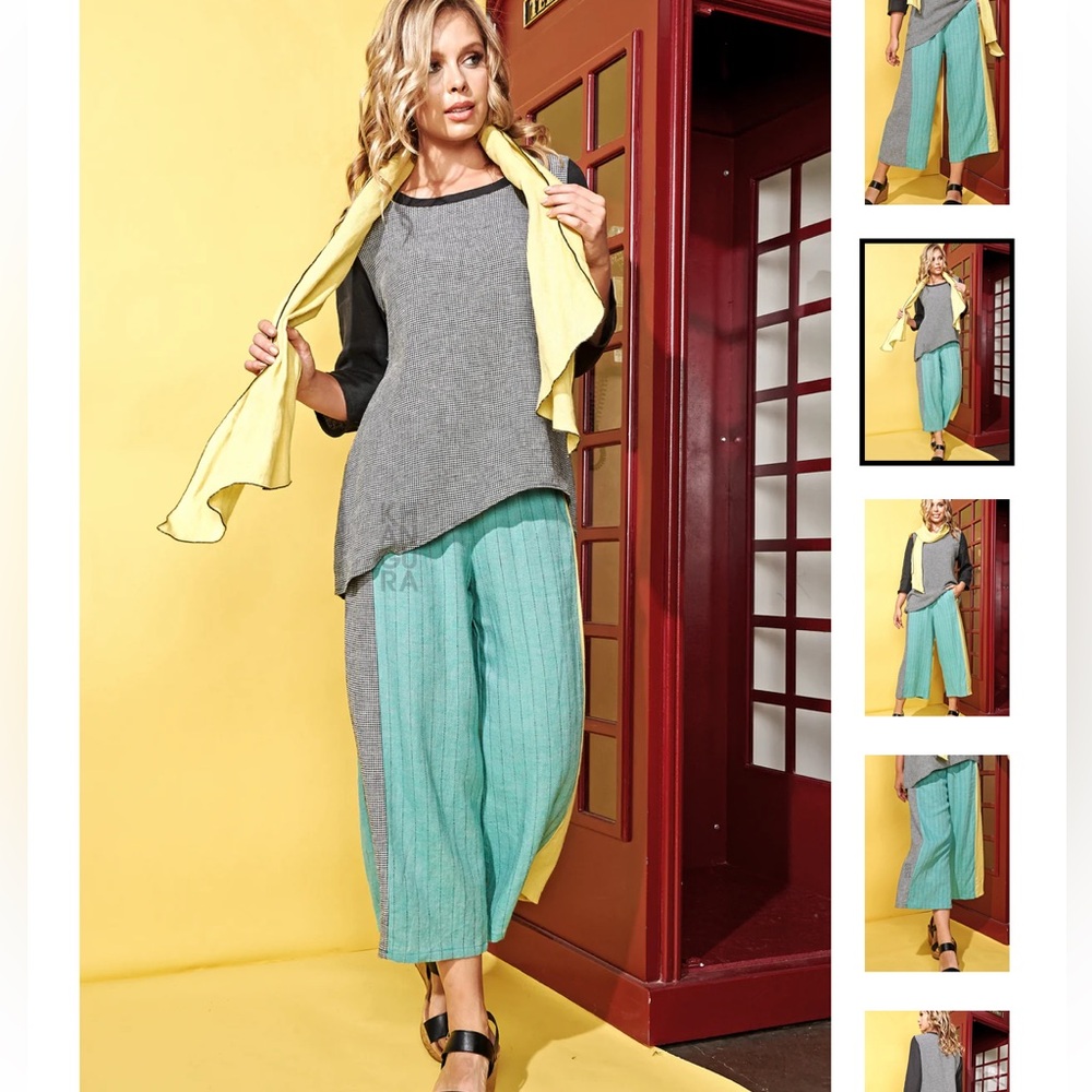 KHANGURA Women’s  Linen Blend Class Act Capri Pants Colorblock Plaid Neon